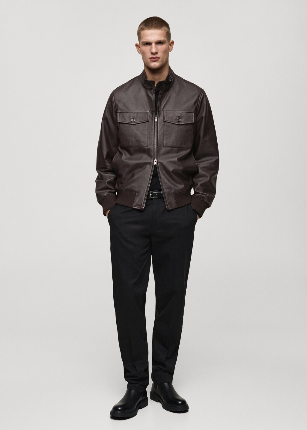 Pocket leather biker jacket - Brown