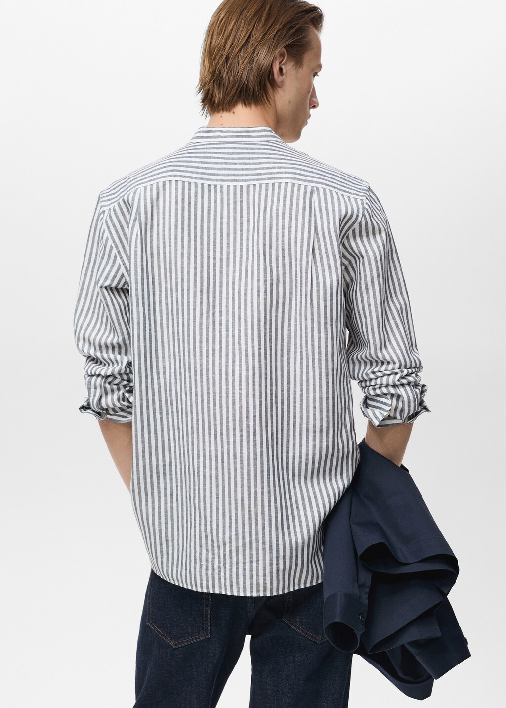 Striped mandarin-collar linen shirt - Dark Navy