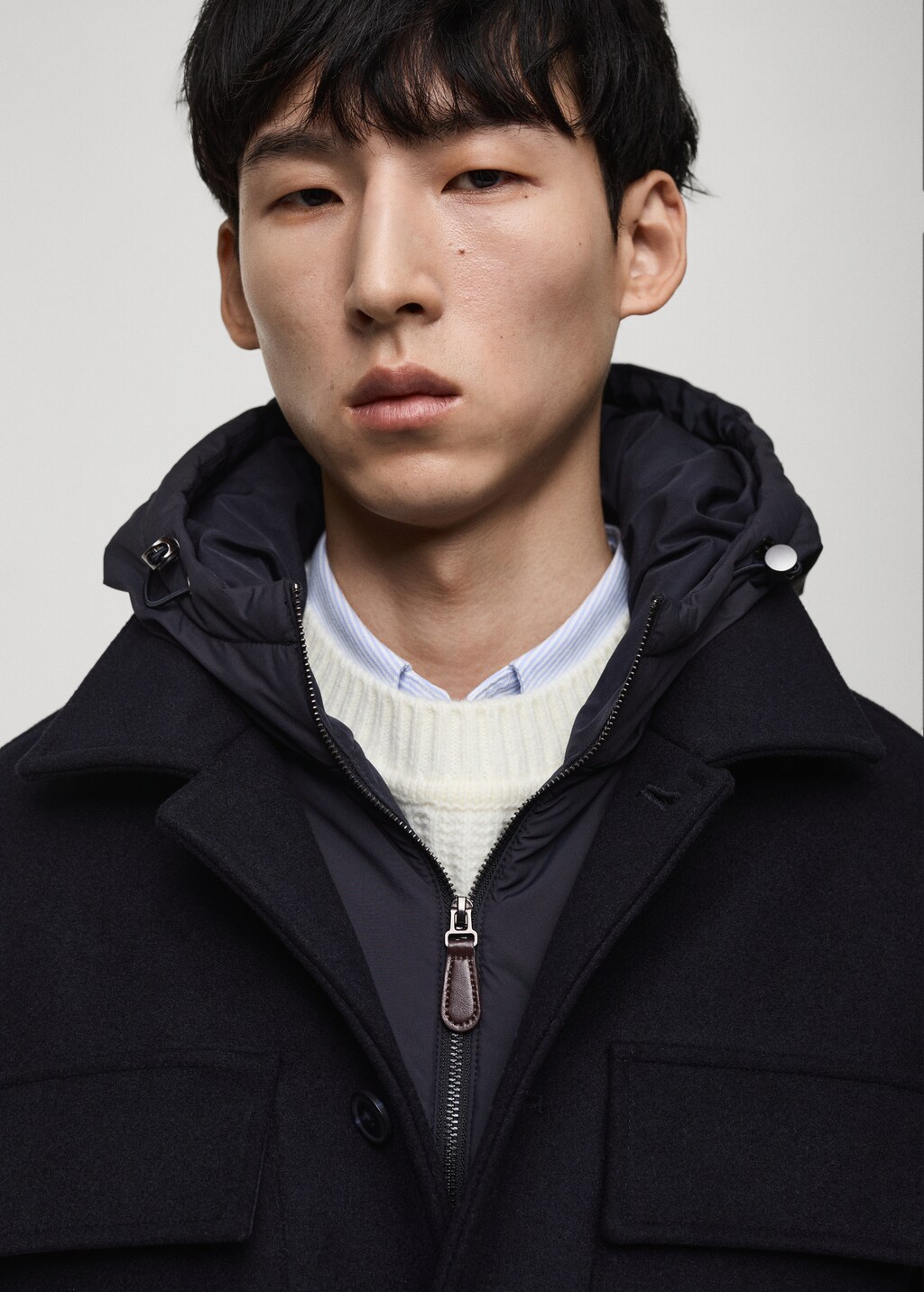 Wool blend coat with detachable hood - Dark Navy