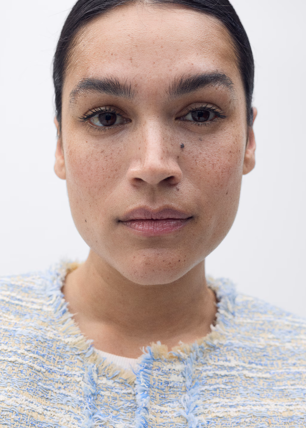 Tweed jacket with frayed ends - Sky Blue