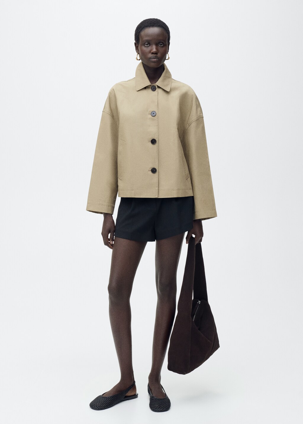 Straight cotton jacket with buttons - Khaki