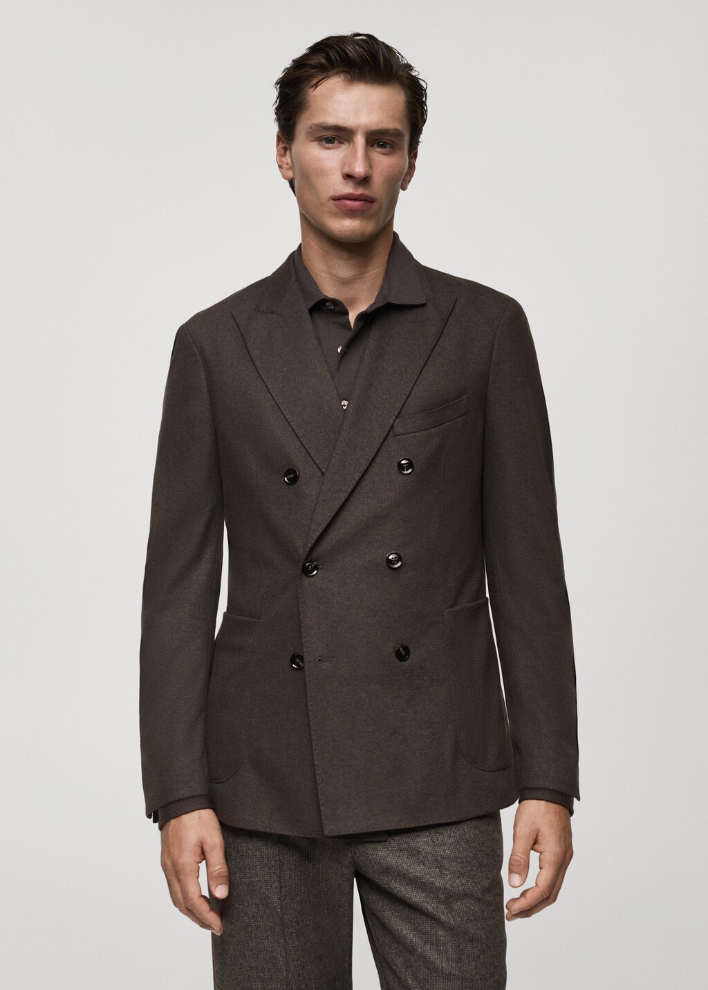 Flannel virgin wool double-breasted jacket - Brown