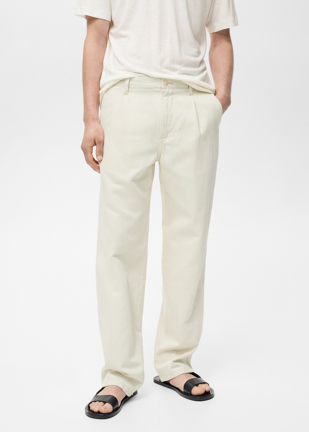 Regular-fit pleated cotton-linen jeans - Ecru