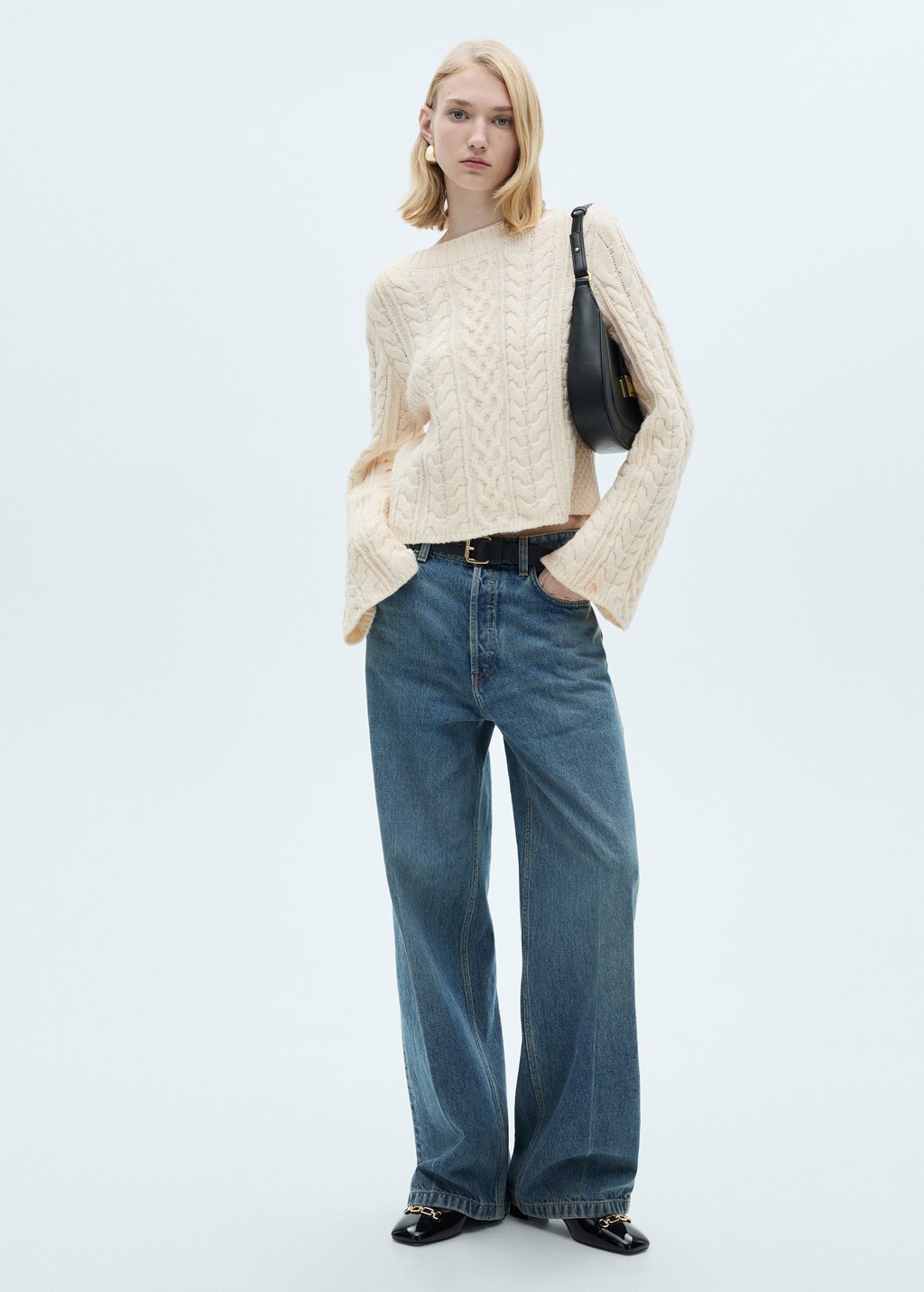 Twisted knitted flared-sleeve sweater - Ecru