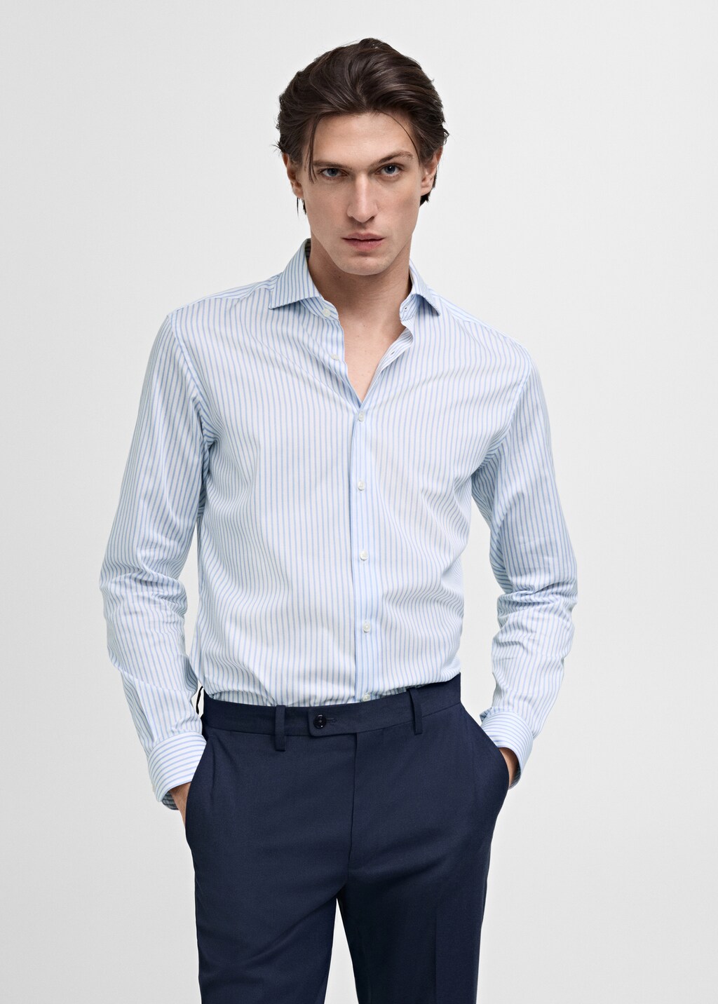 Slim fit cotton striped suit shirt - Sky Blue