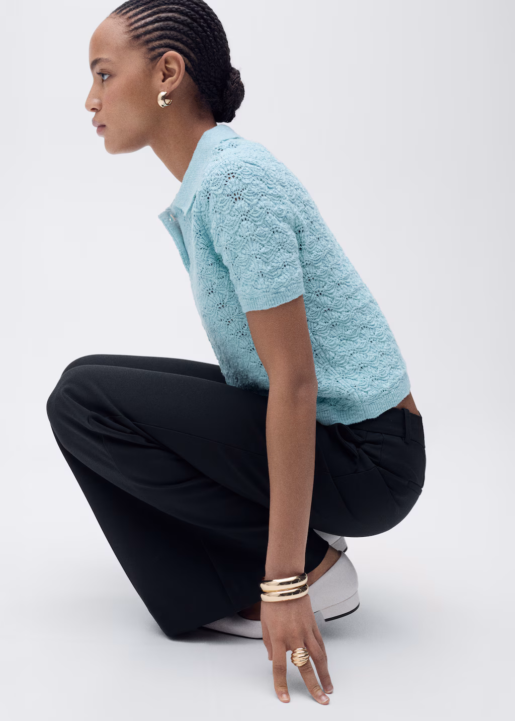 Openwork knitted polo-neck sweater - Turquoise