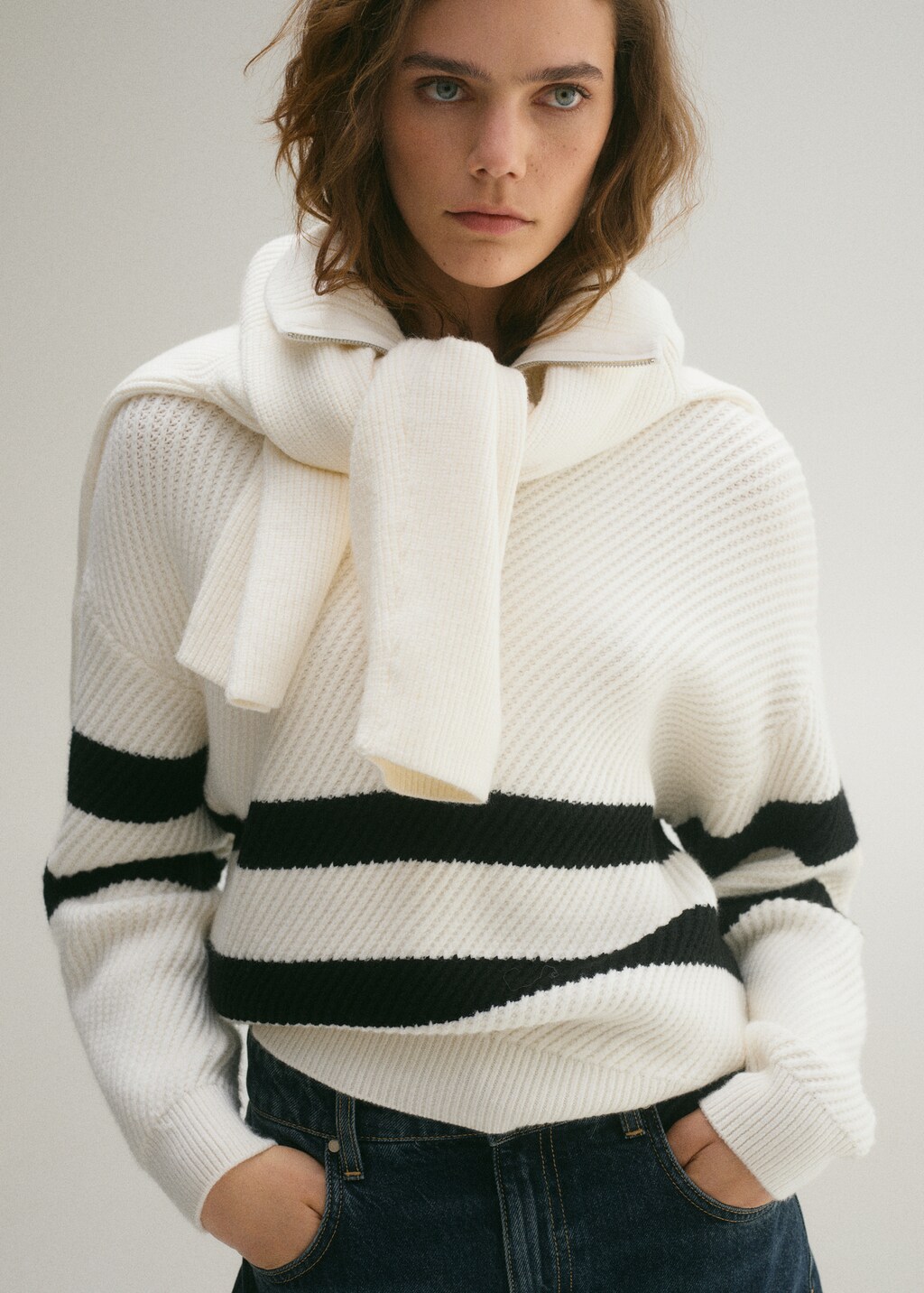 Striped ribbed-knit sweater - Ecru