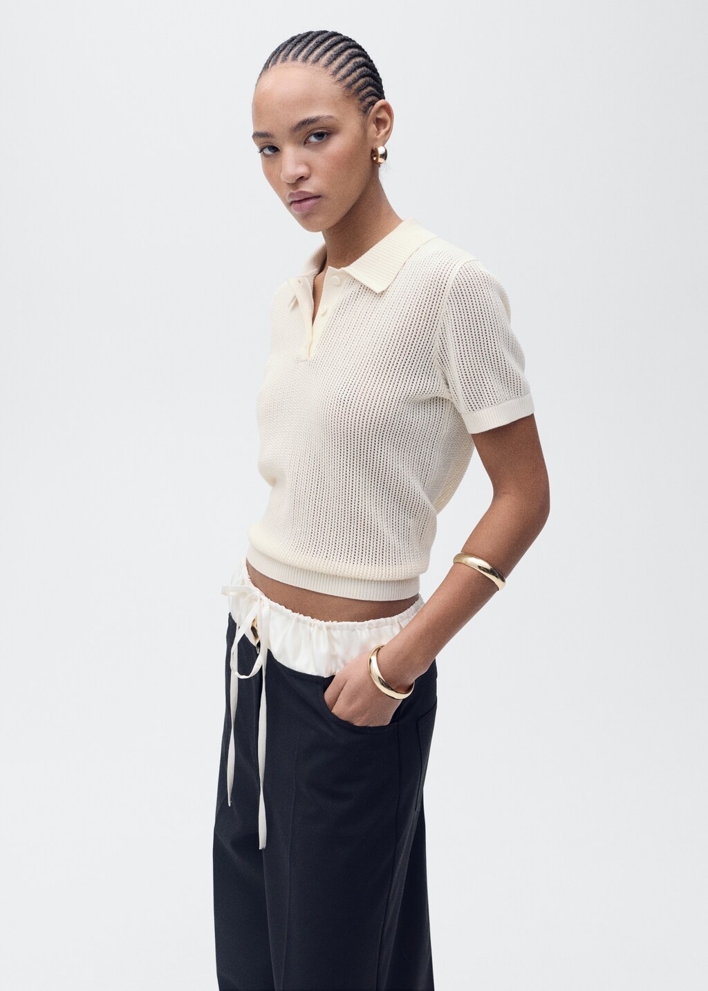 Openwork knitted polo-neck sweater - Black