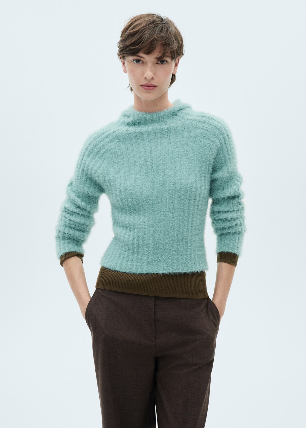 Fur-effect hooded sweater - Turquoise