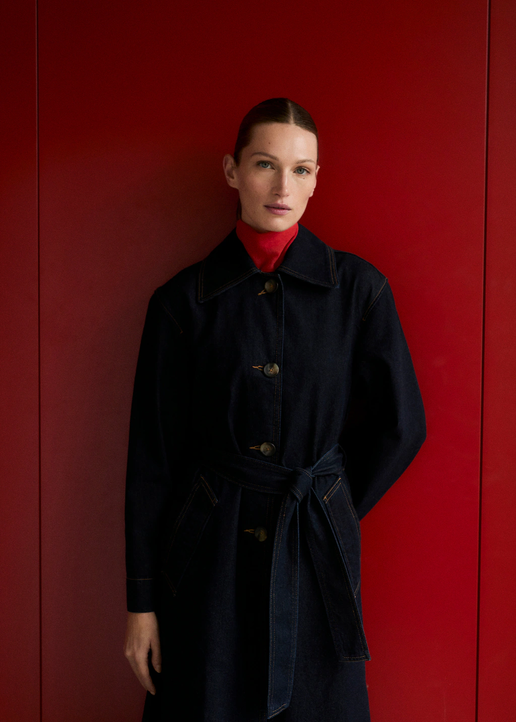 Long rinse-wash denim trench coat - Open Blue