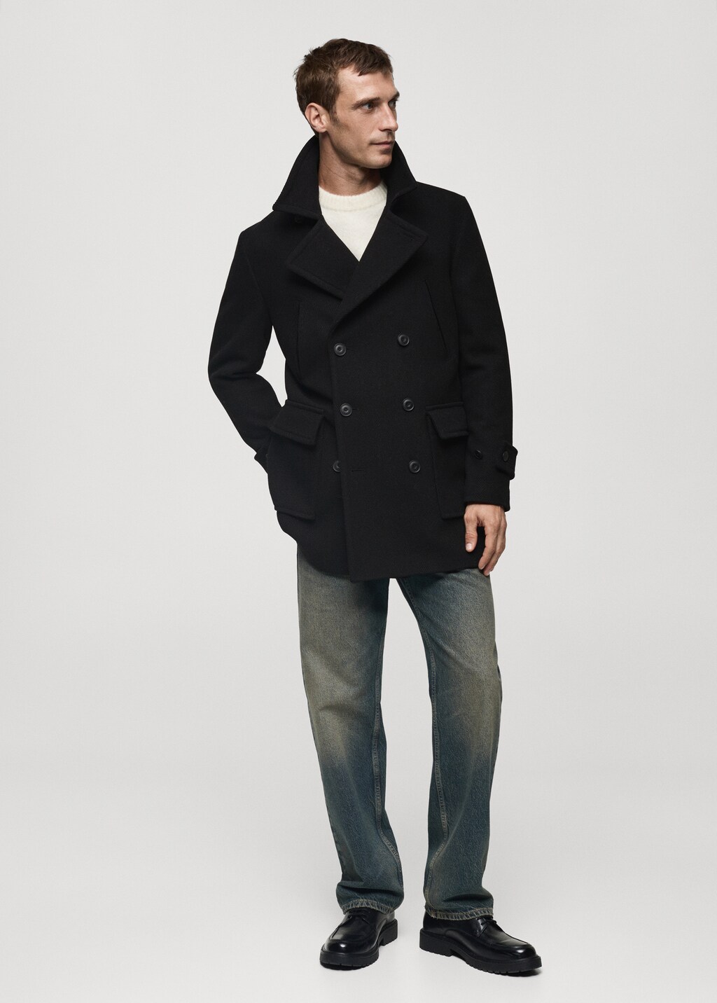 Recycled wool double-breasted coat - Black