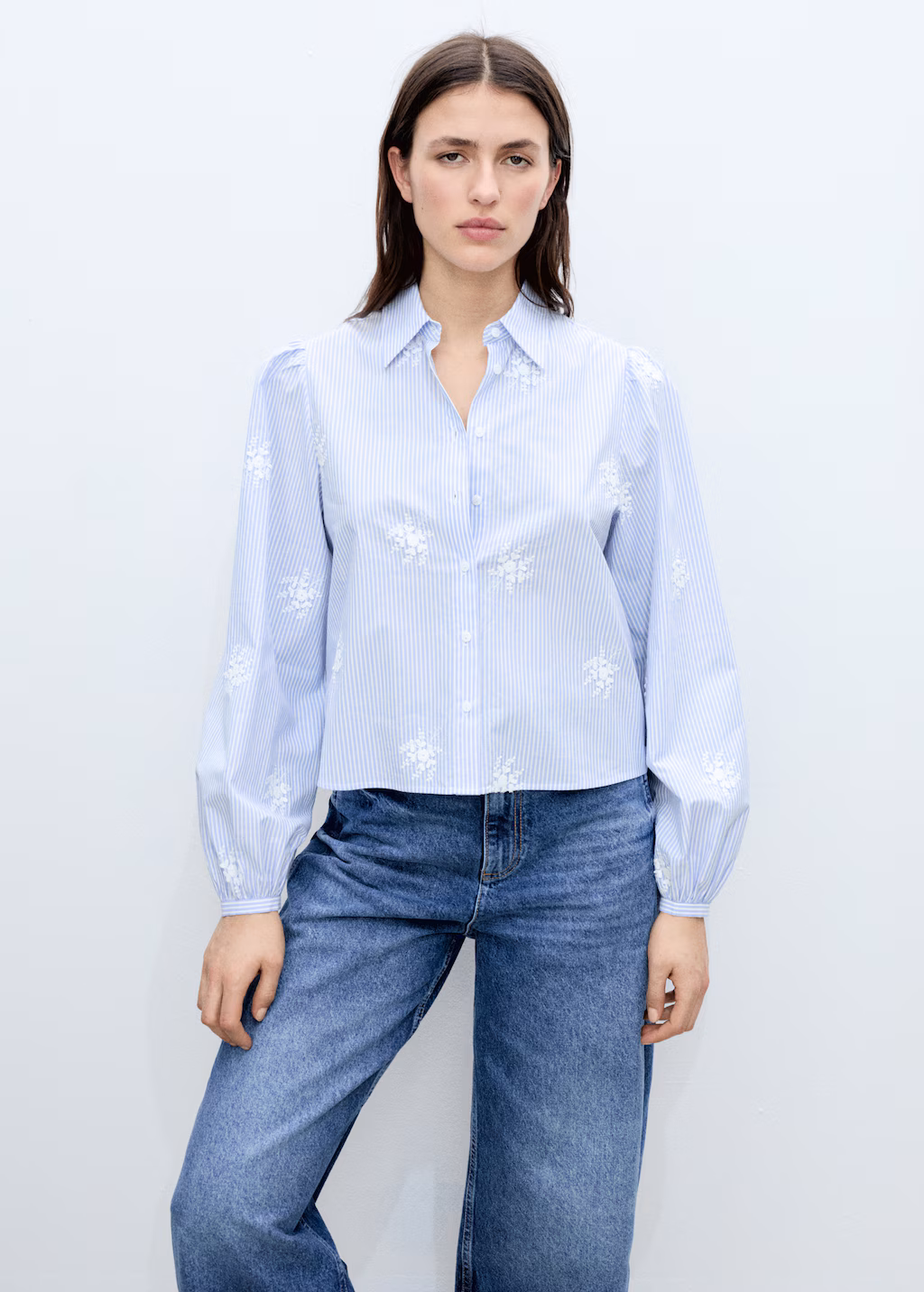 Flower embroidered striped shirt - Sky Blue
