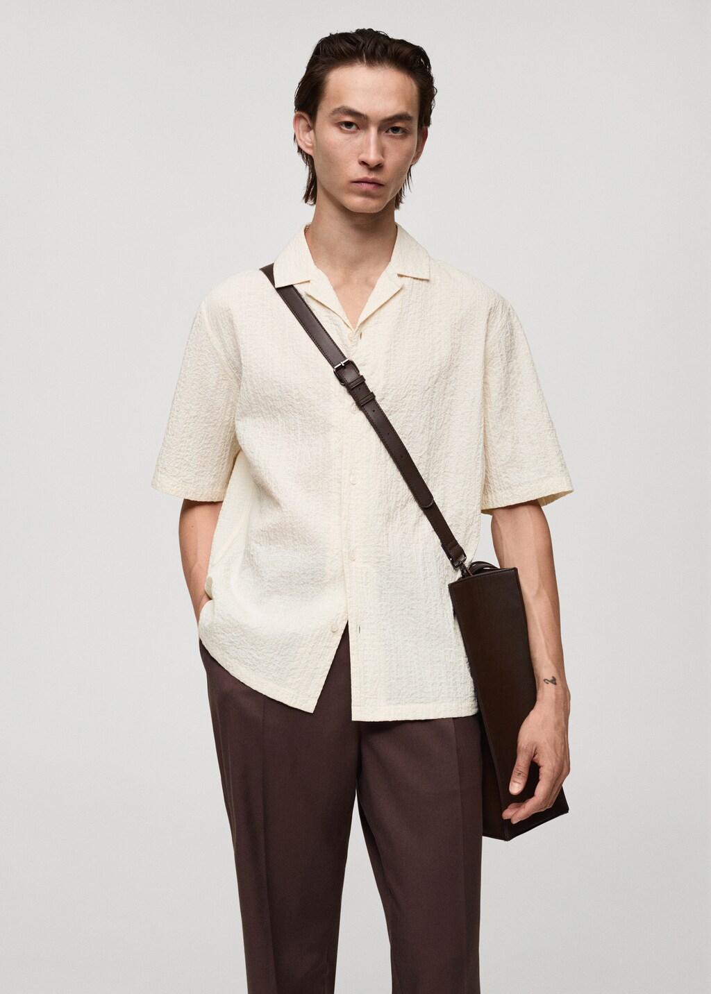 Seersucker shirt with bowling collar - Ecru