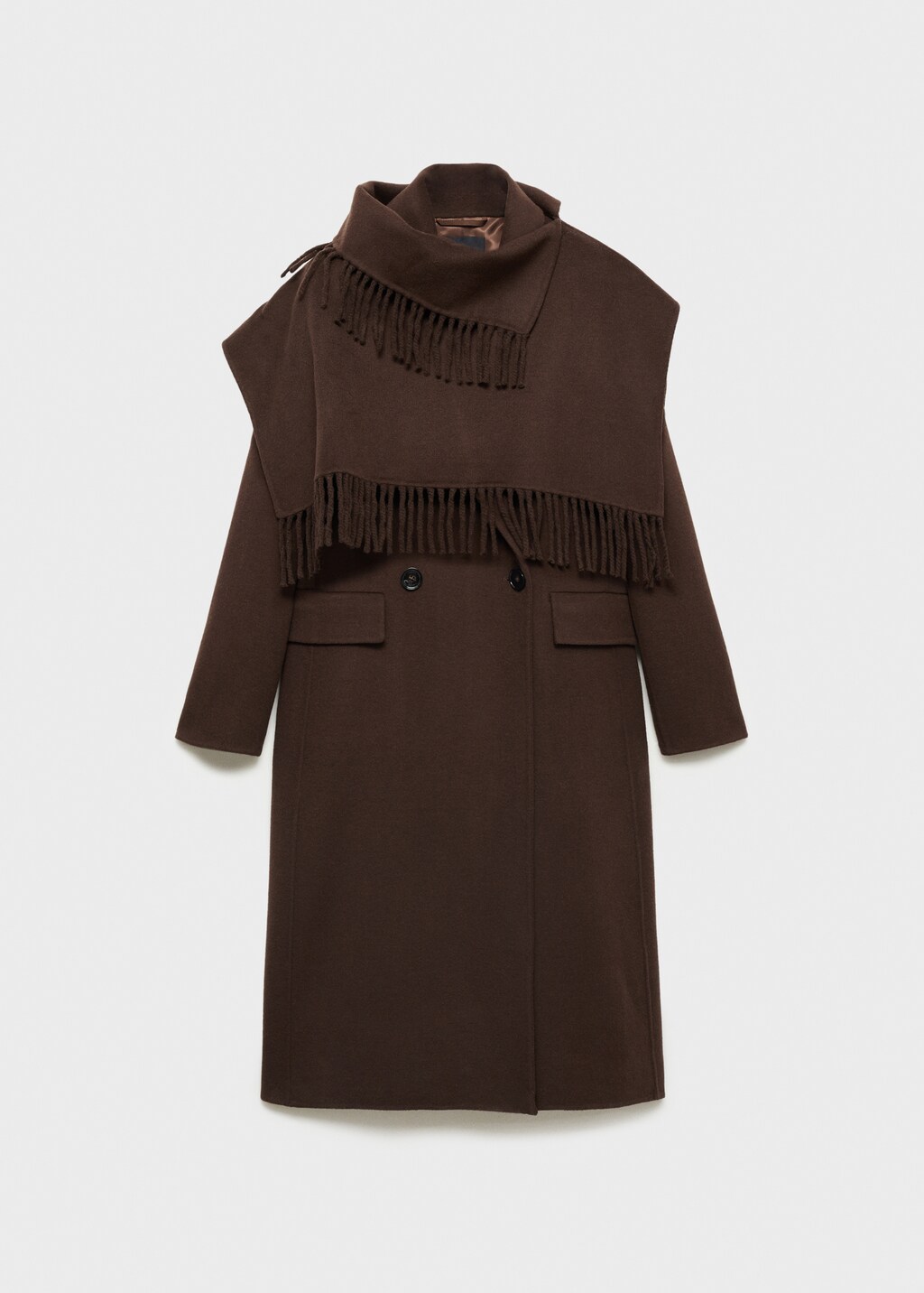 Wool coat with fringed scarf - Chocolate