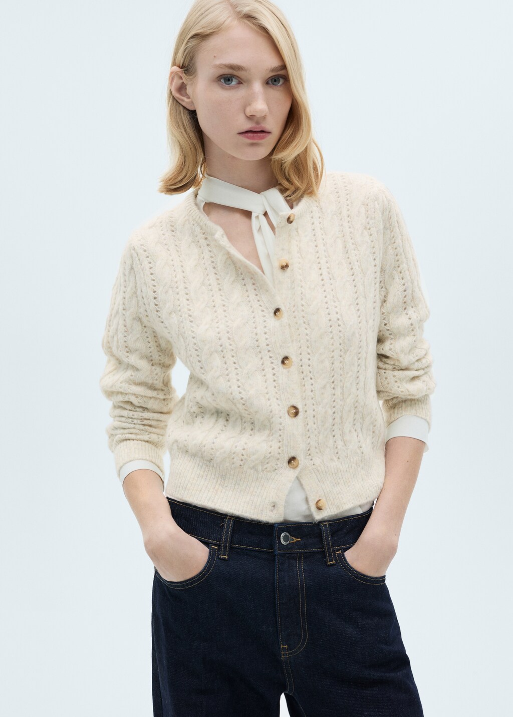 Braided cardigan with openwork details - Ecru