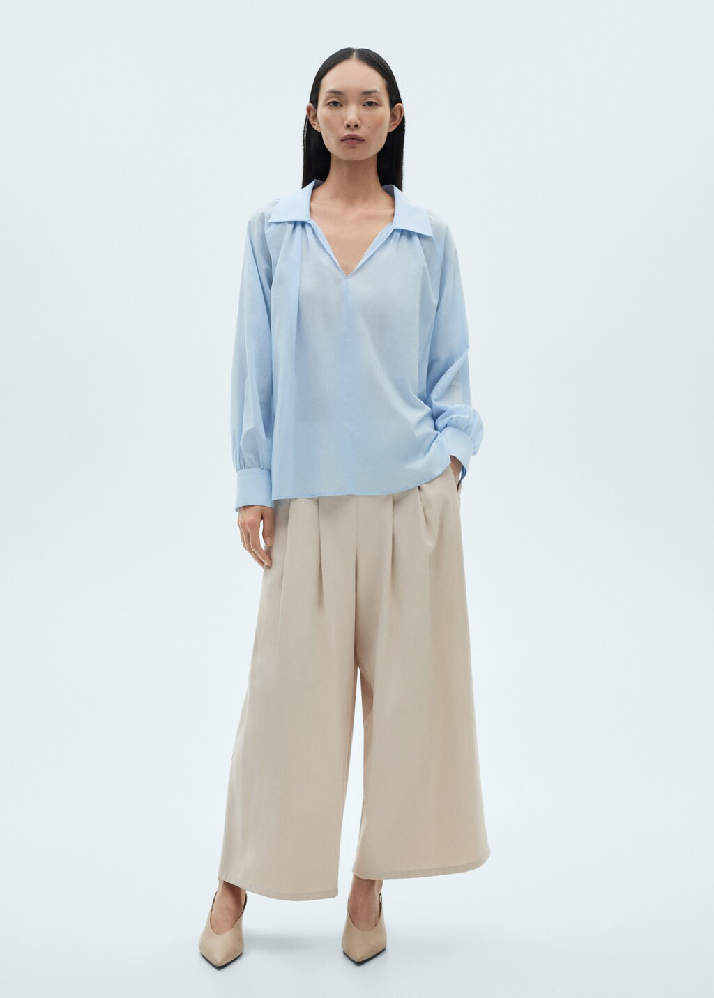 Puffed sleeves cotton blouse - Blue