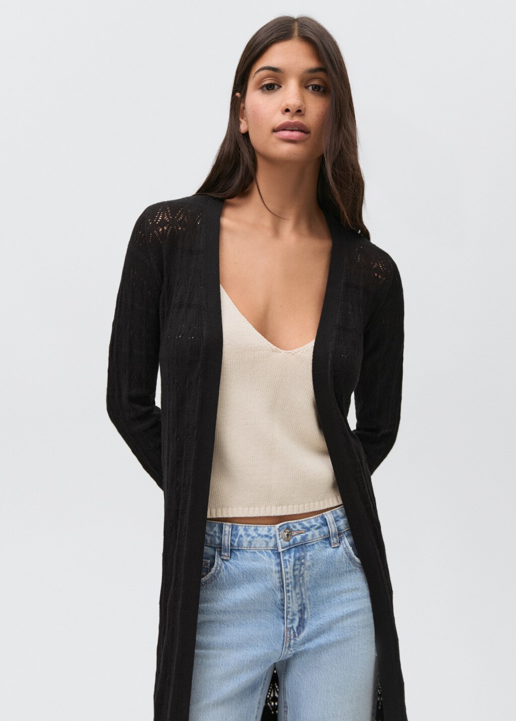 Long openwork knitted cardigan - Black