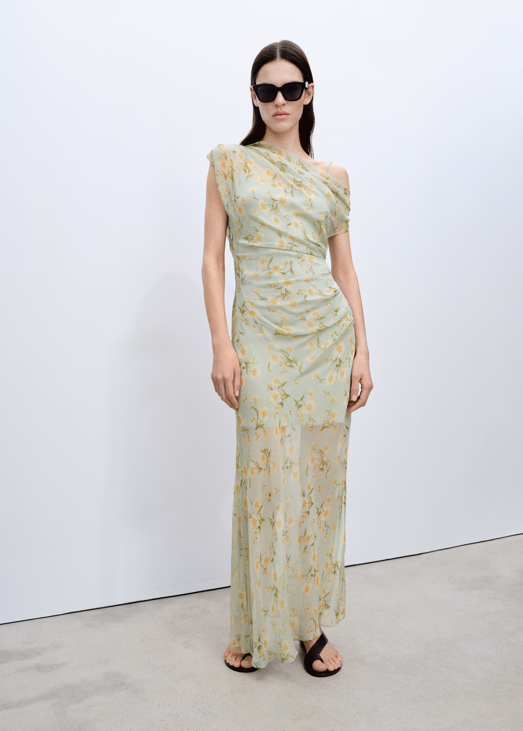 Semi-transparent draped floral dress - Pastel Green