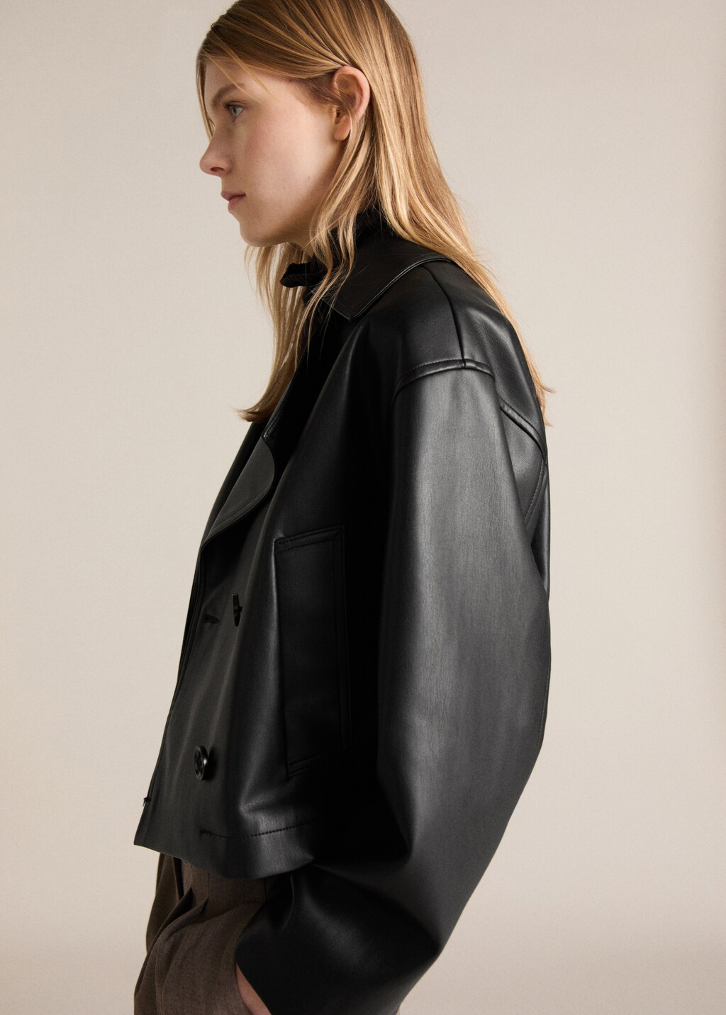 Leather-effect cropped jacket - Black
