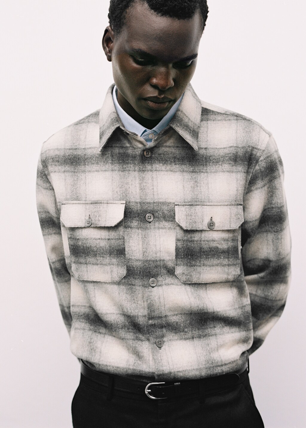 Plaid wool overshirt with pockets - Grey