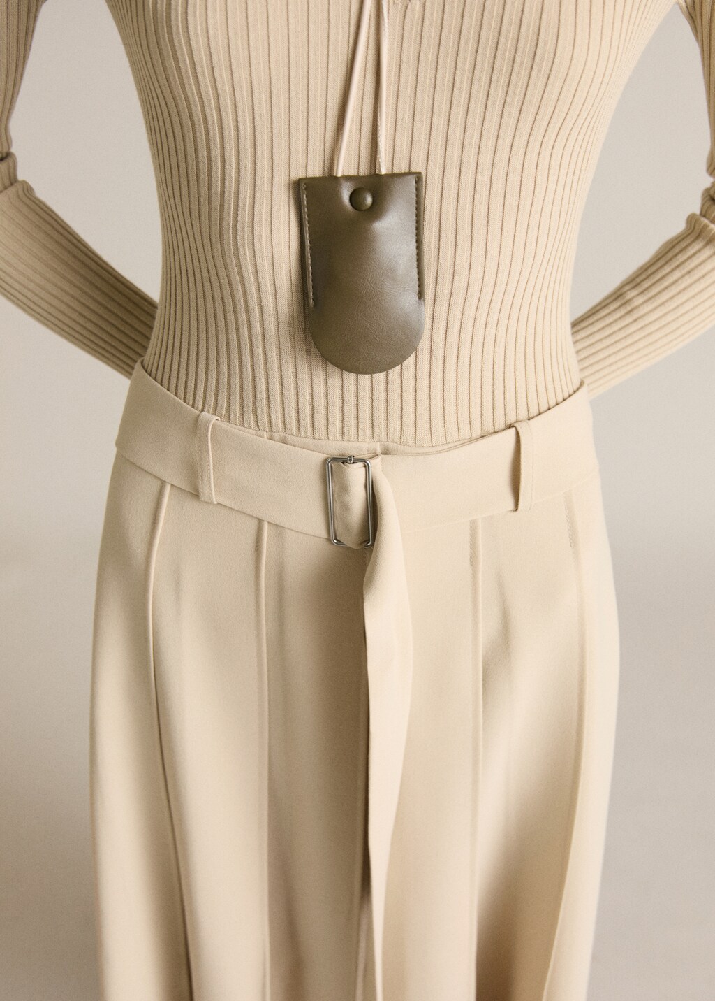 Combined woven dress with belt - Ecru