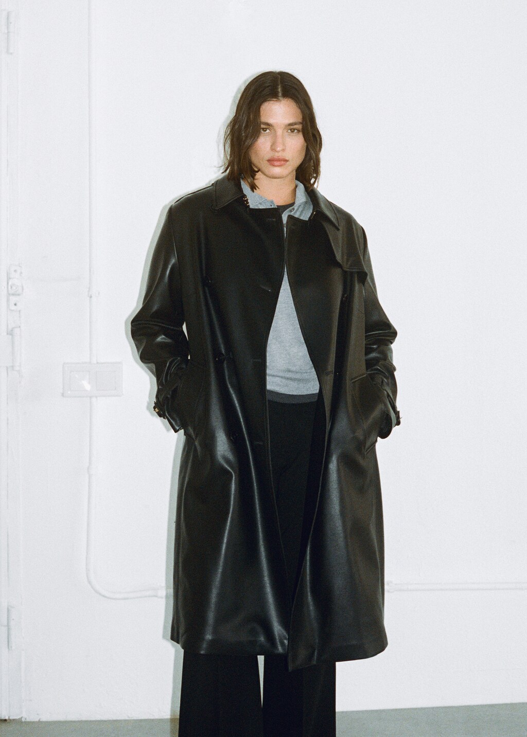 Leather-effect trench coat - Black