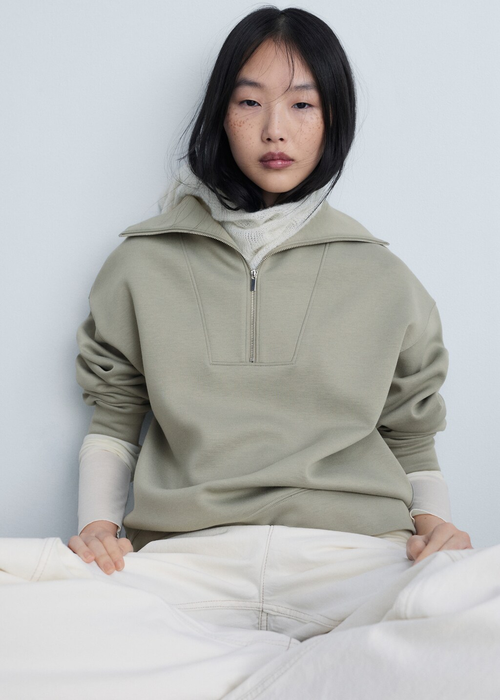 Knitted zip-neck sweatshirt - Khaki