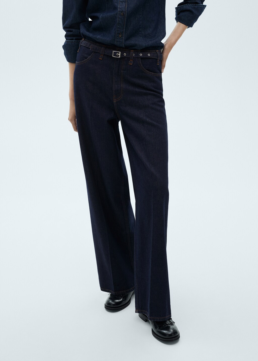 Rinse-wash wideleg jeans with belt - Open Blue