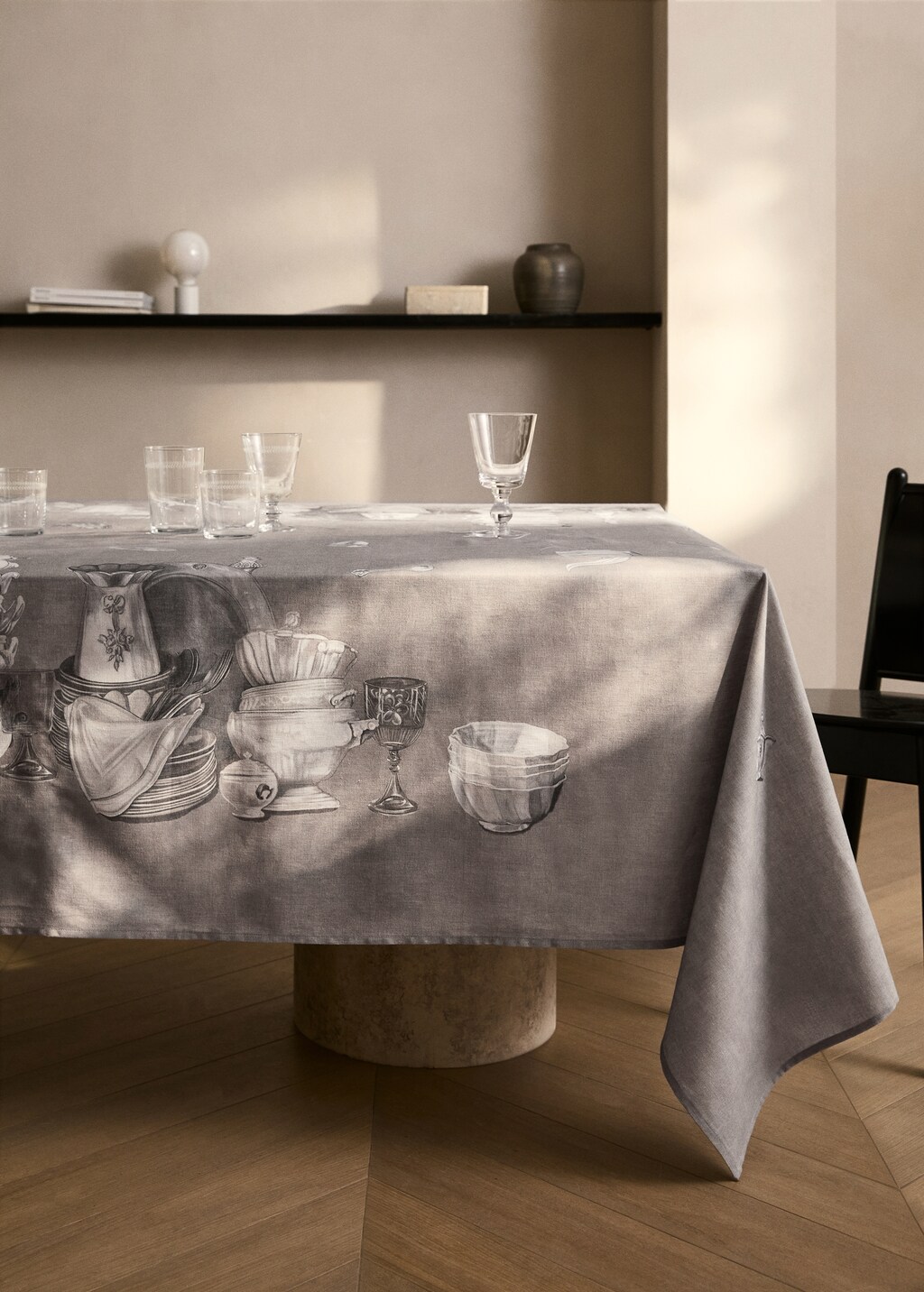 Cotton-linen tablecloth with tableware print for 6 to 8 diners - Light/Pastel Grey