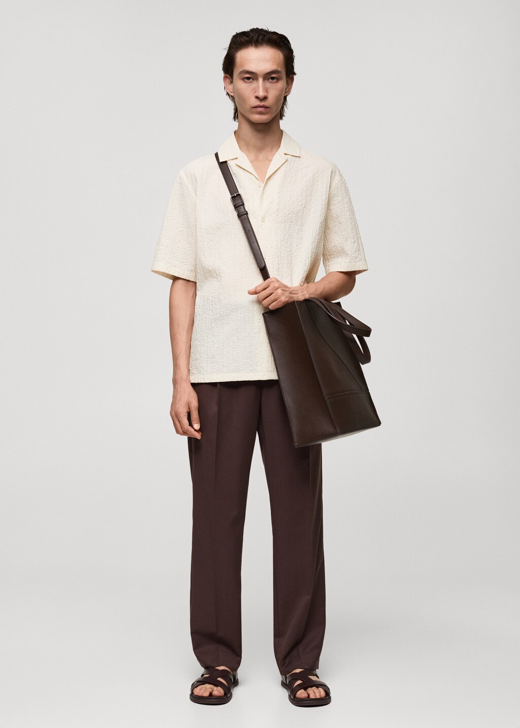 Seersucker shirt with bowling collar - Ecru