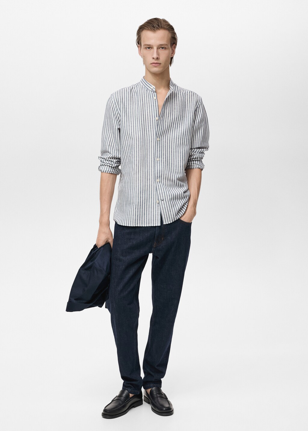 Striped mandarin-collar linen shirt - Dark Navy