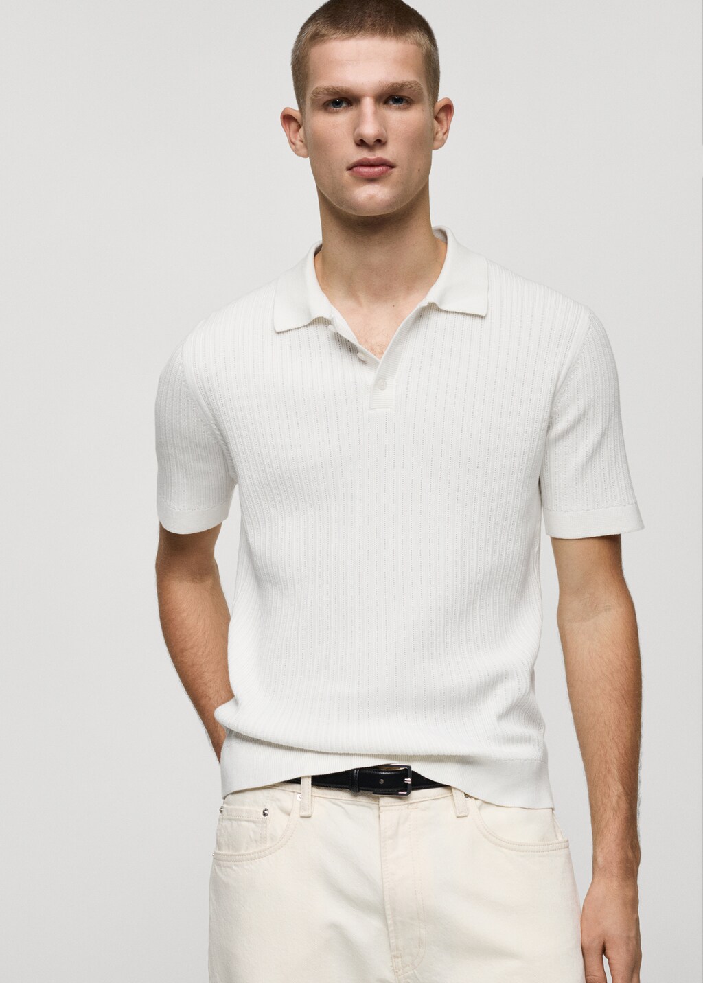 Fine-knit ribbed cotton polo shirt - White