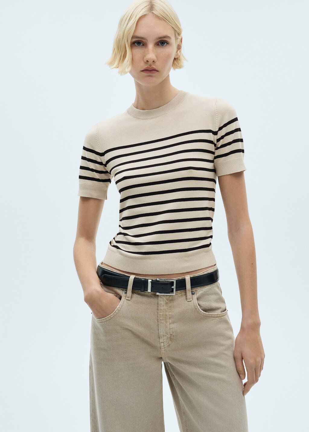 Striped short-sleeved sweater - Ecru