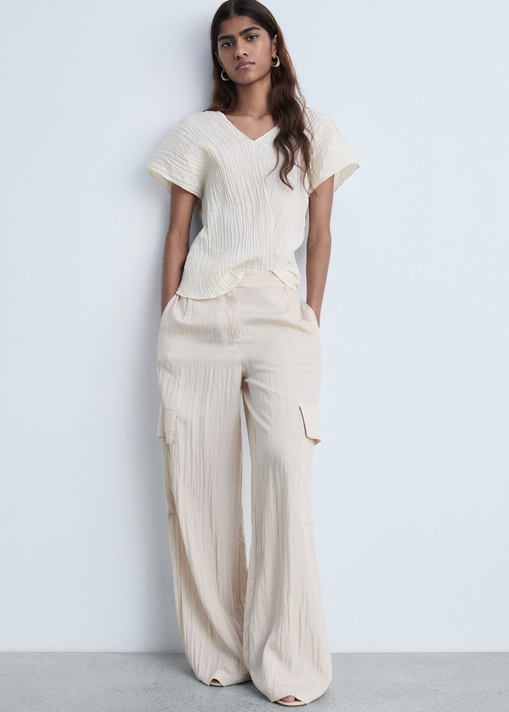 Wrinkled effect V-neck top - Blue