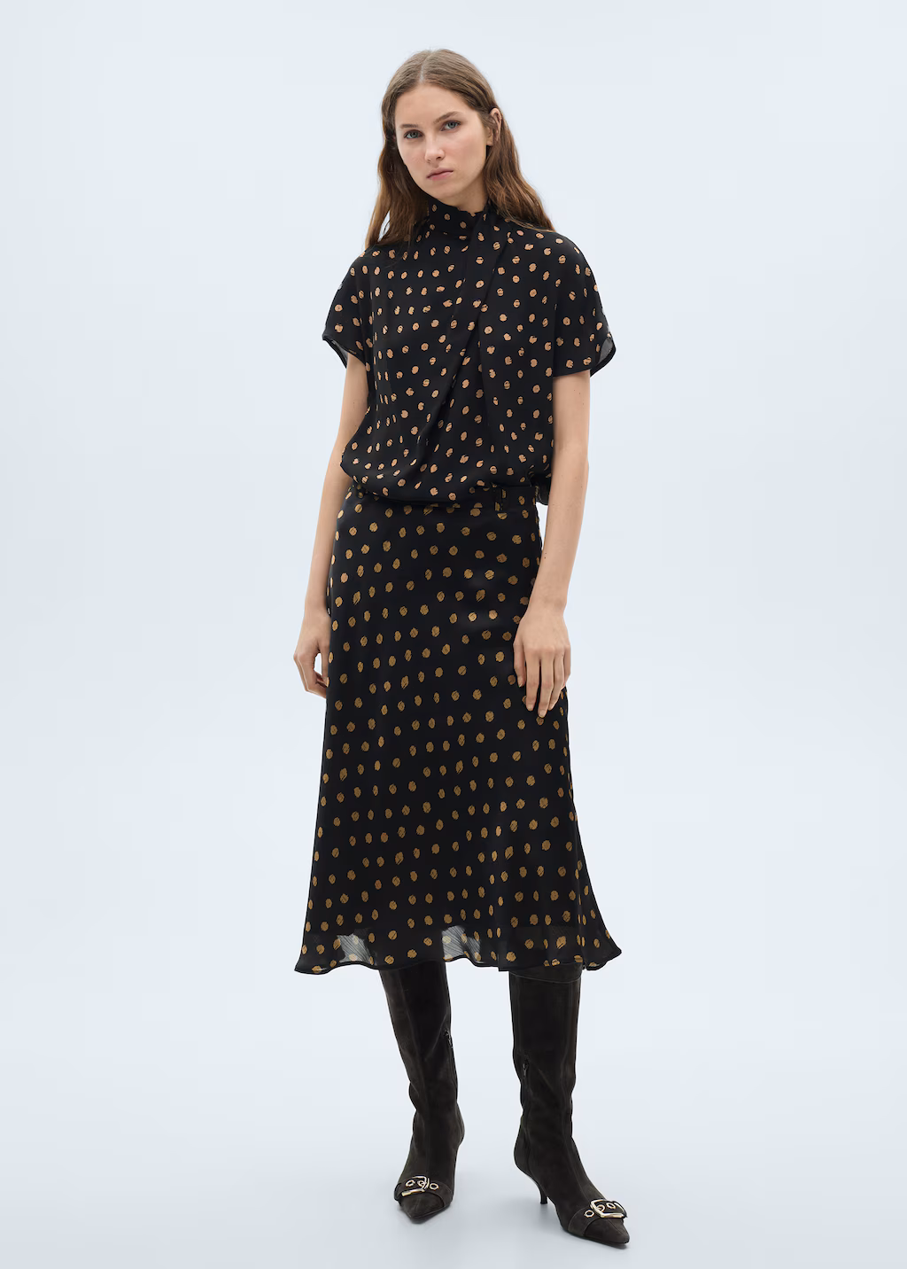 Polka-dot blouse with draped collar - Black