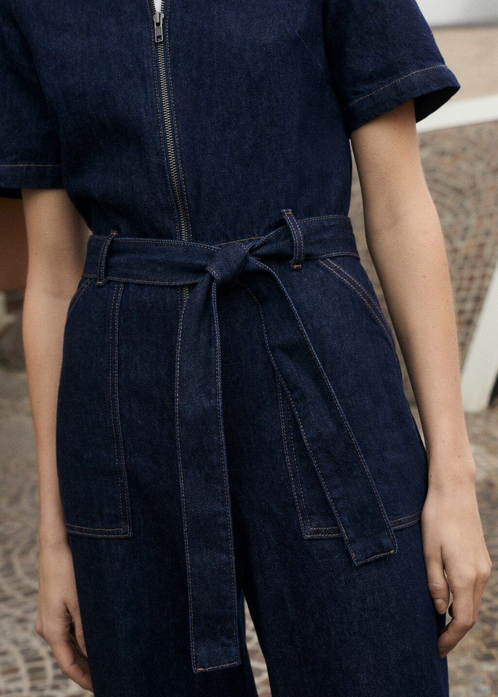 Short-sleeved denim jumpsuit - Open Blue