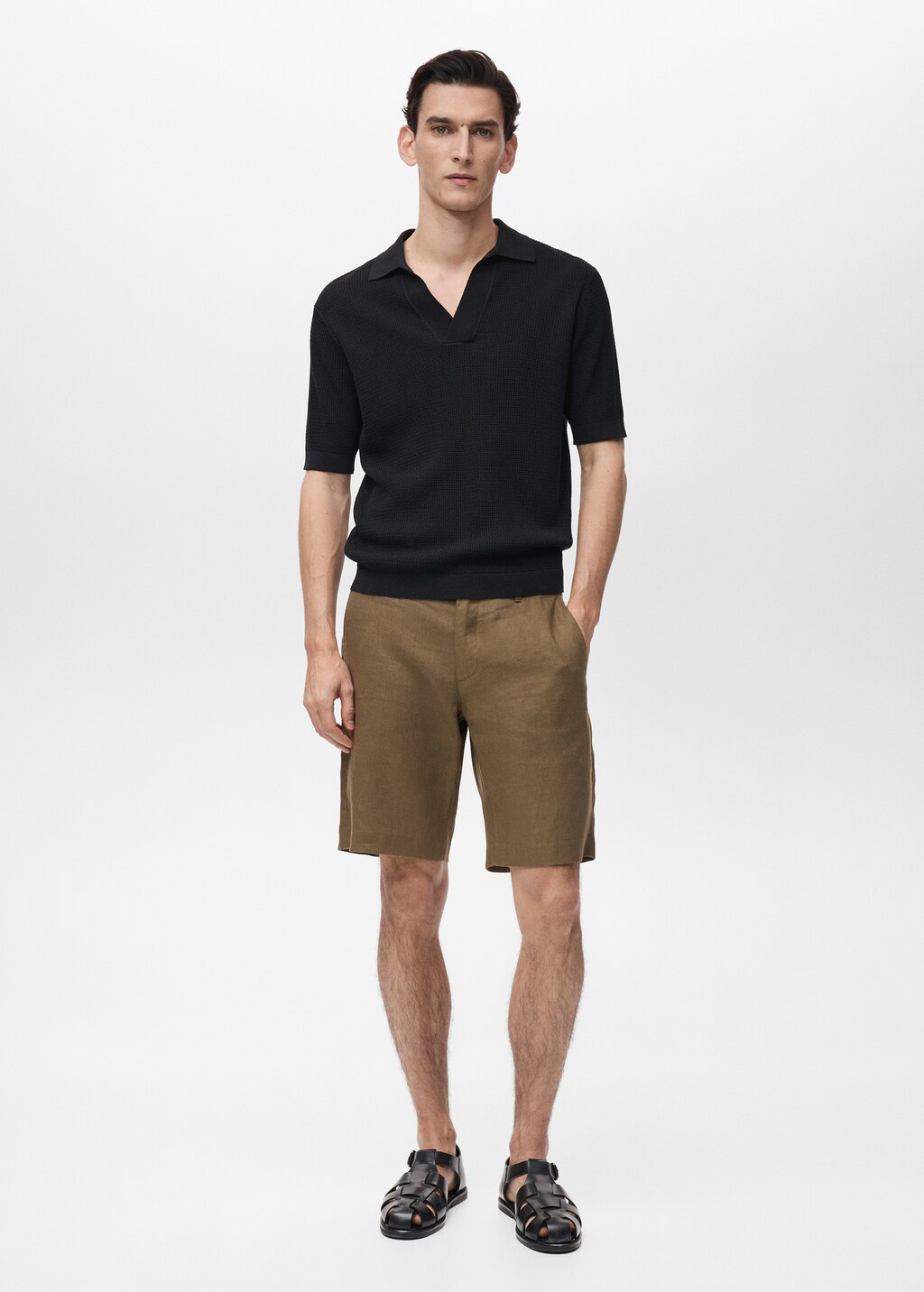 Slim-fit 100% linen bermuda shorts - Dark Navy