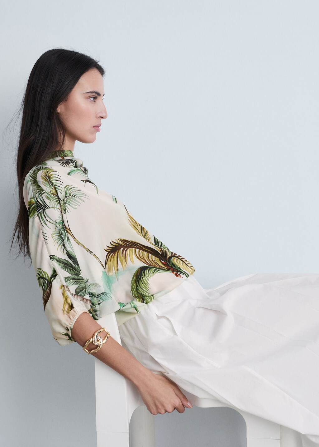 Draped cape with tropical print - Ecru