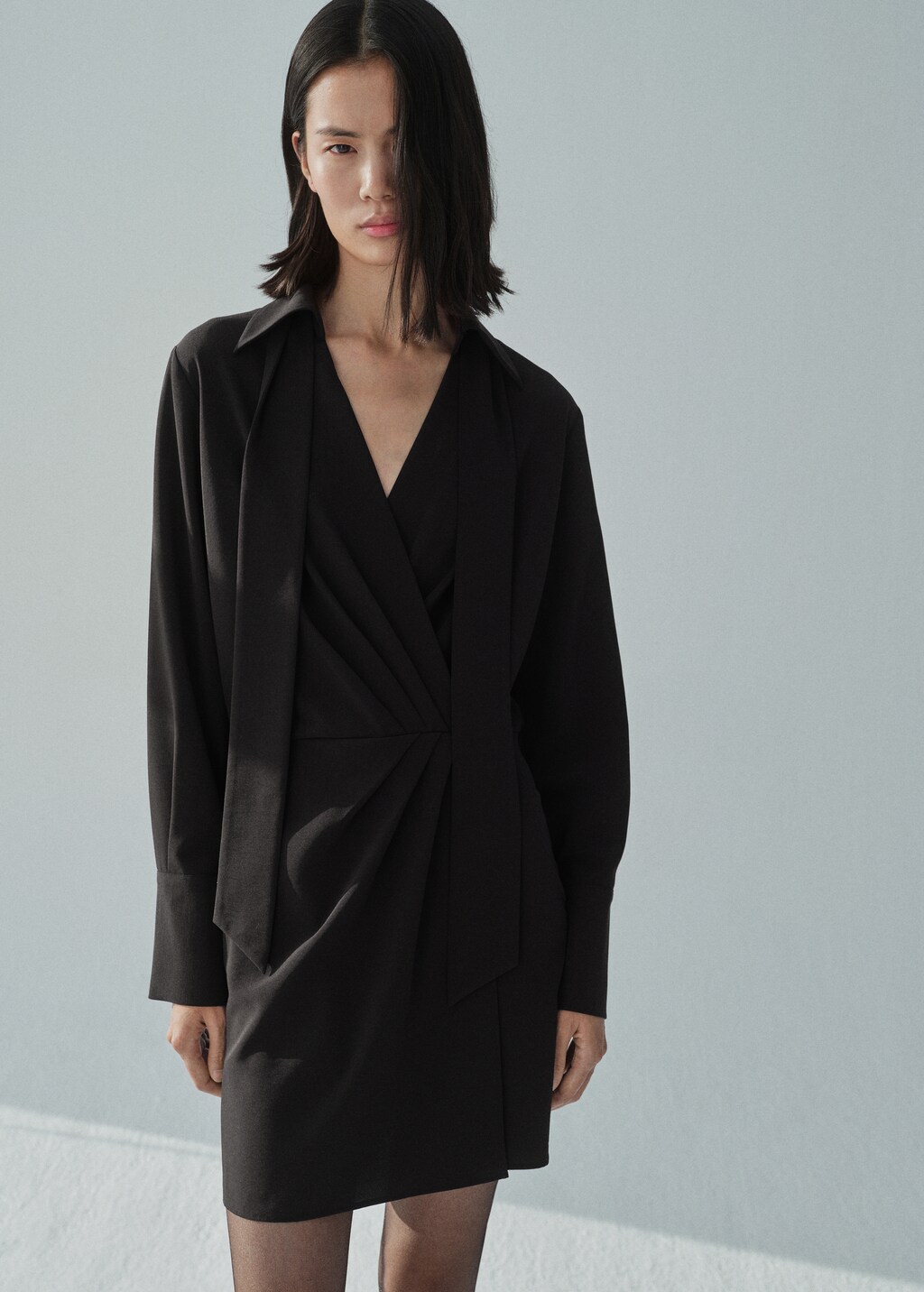 Wrap dress with shirt collar - Black