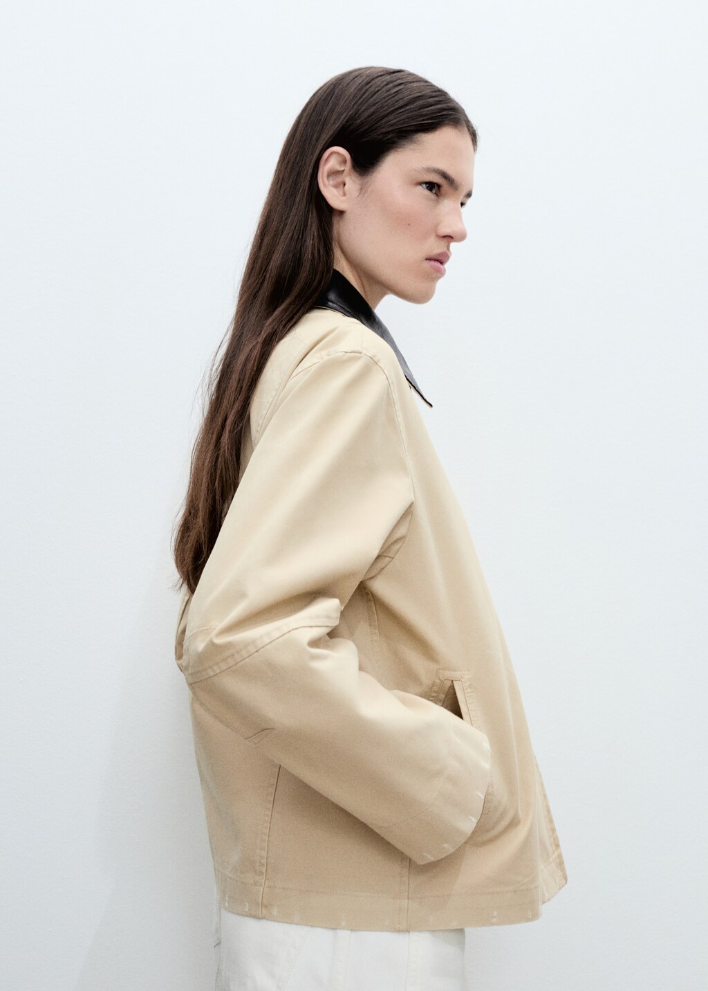 Cotton jacket with contrasting collar - Khaki