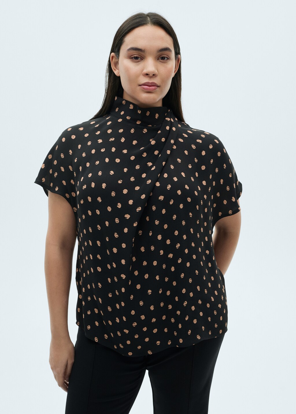 Polka-dot blouse with draped collar - Black