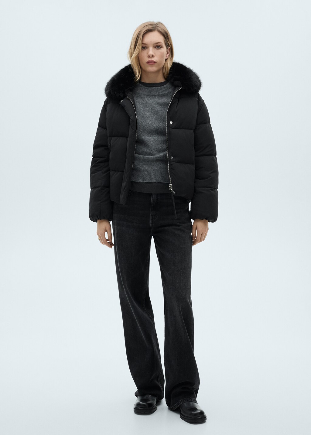 Short padded anorak with fur collar - Black