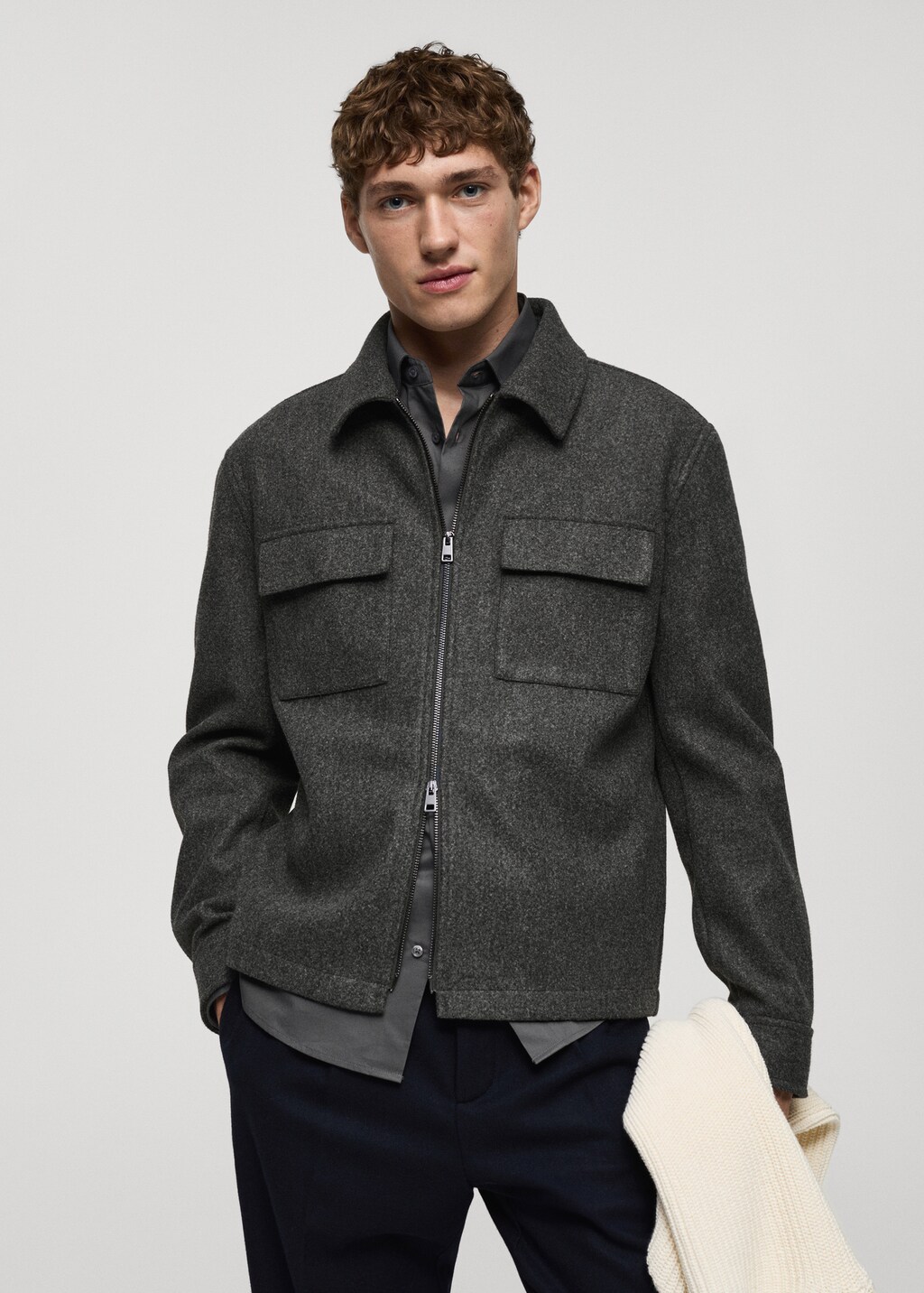 Regular-fit flannel jacket with pockets - Dark Heather Grey