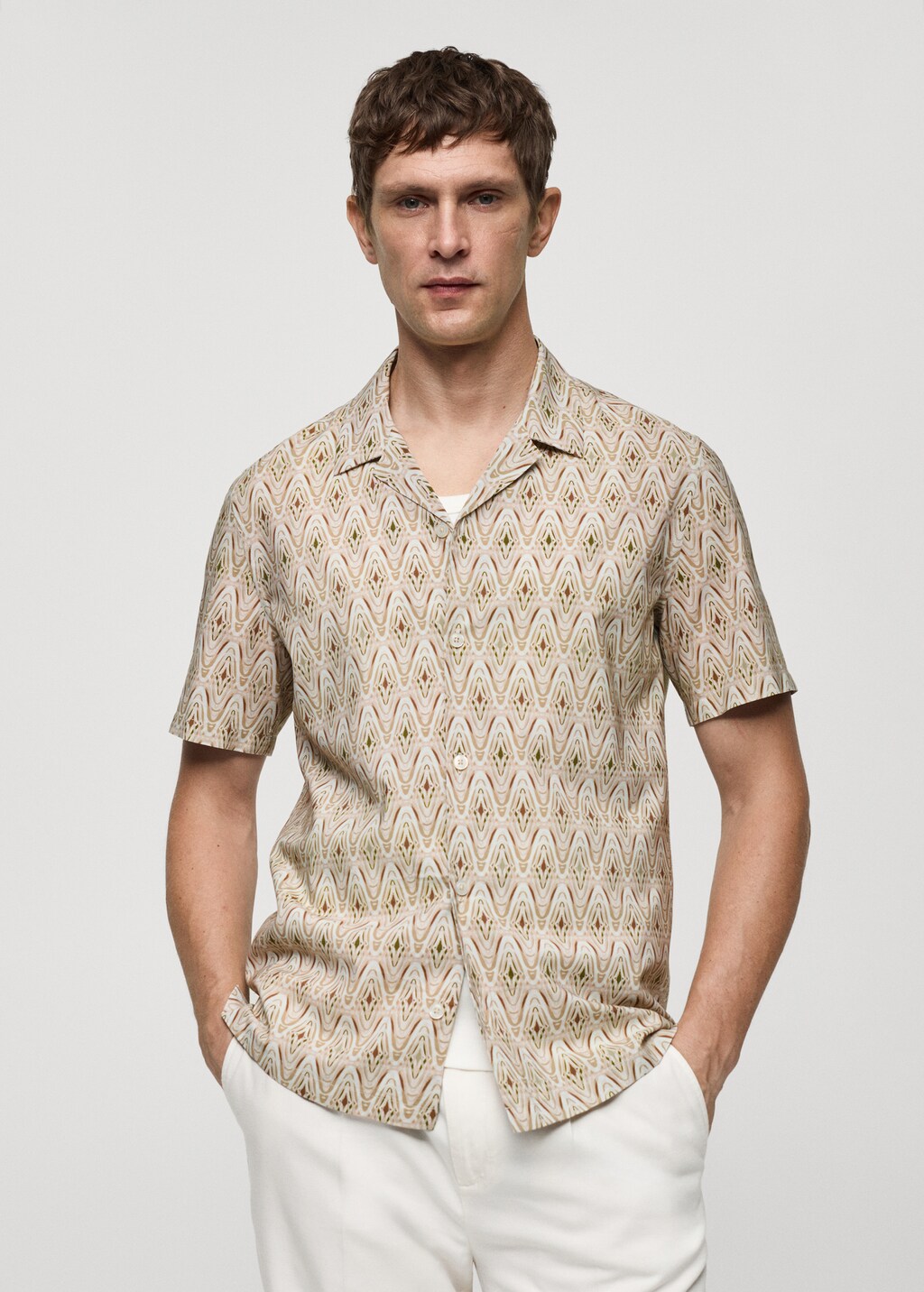 Printed flowing shirt with bowling collar - Beige