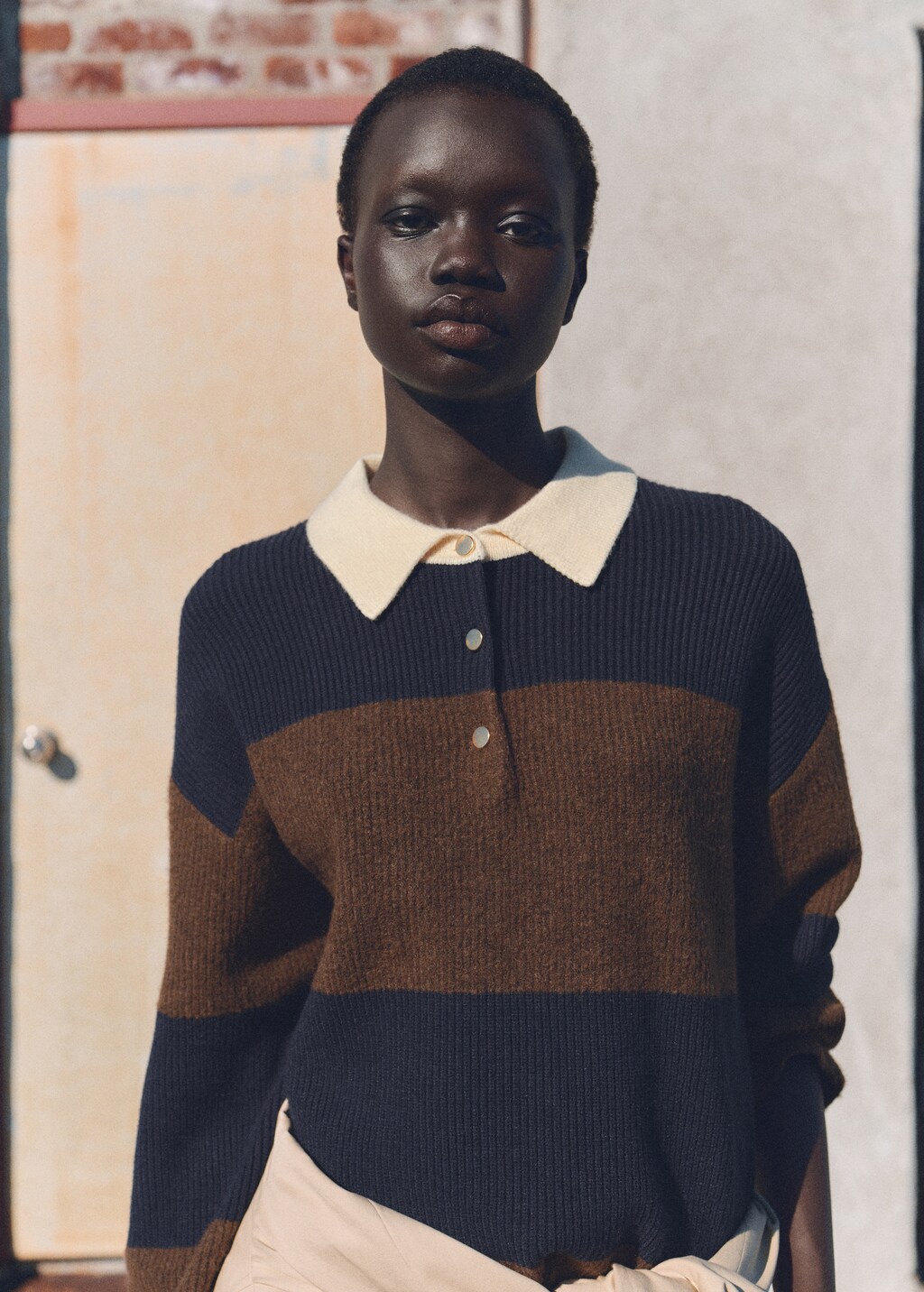 Striped polo-neck sweater - Red