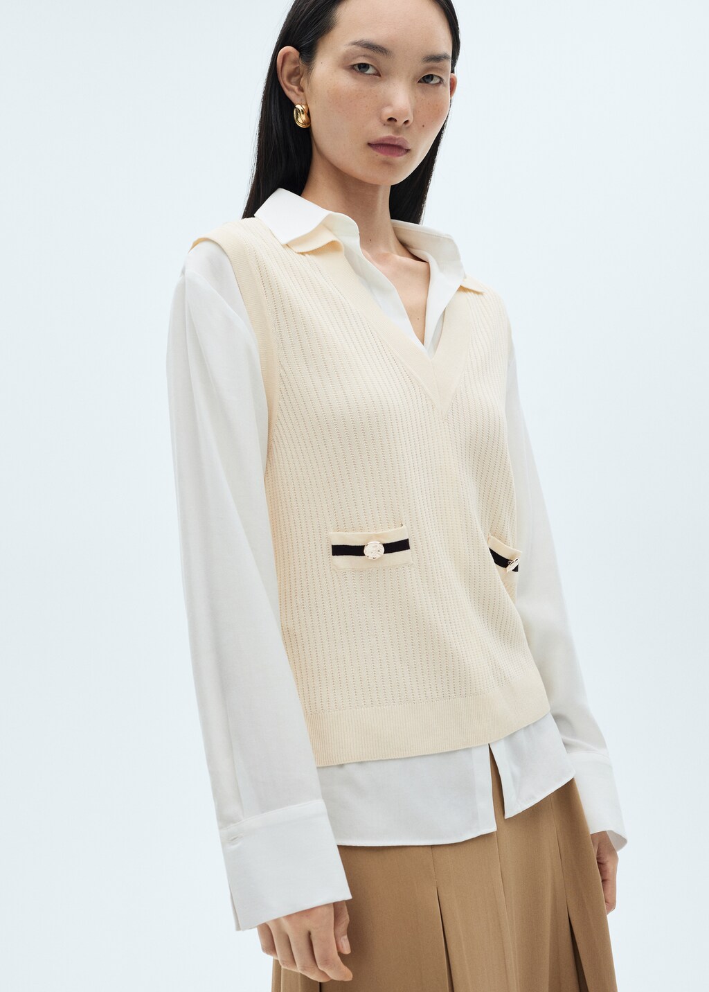 Knitted gilet with contrasting pockets - Ecru