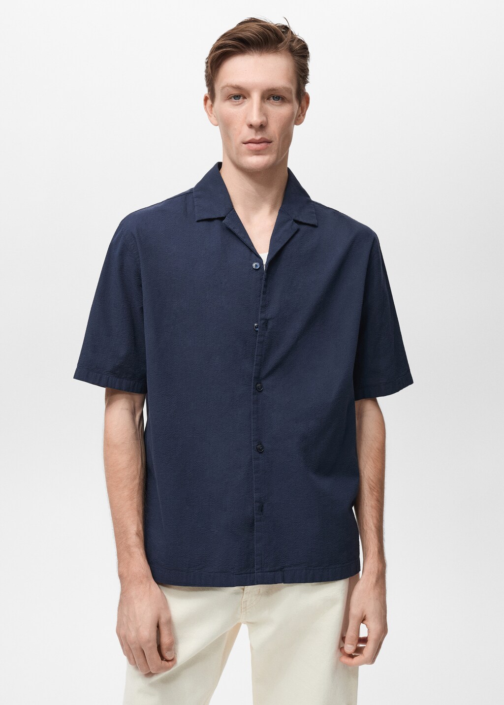 Textured shirt with bowling collar - Dark Navy