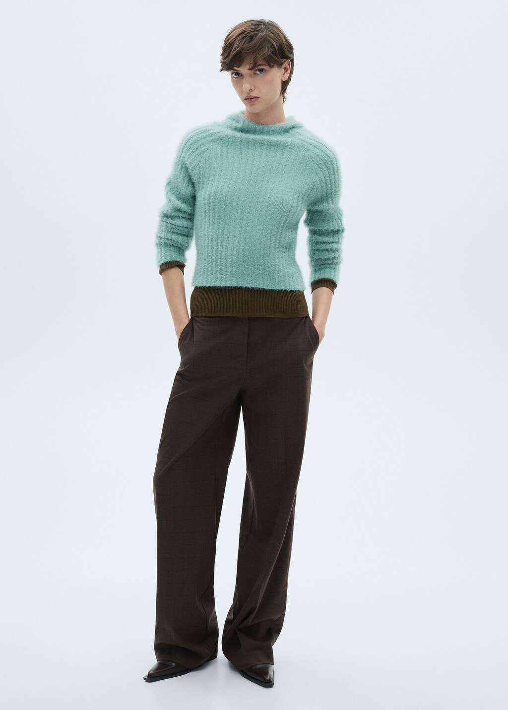 Fur-effect hooded sweater - Turquoise