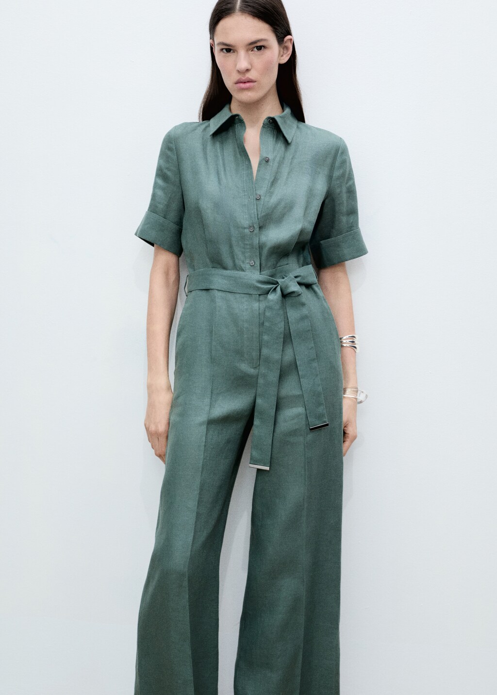 Linen shirt jumpsuit - Forest Green