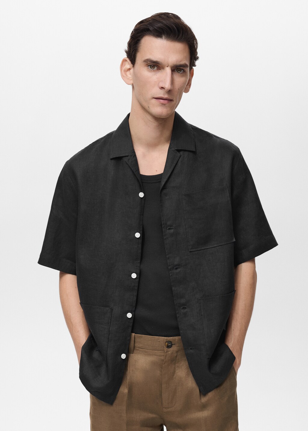 100% linen short sleeve shirt - Black